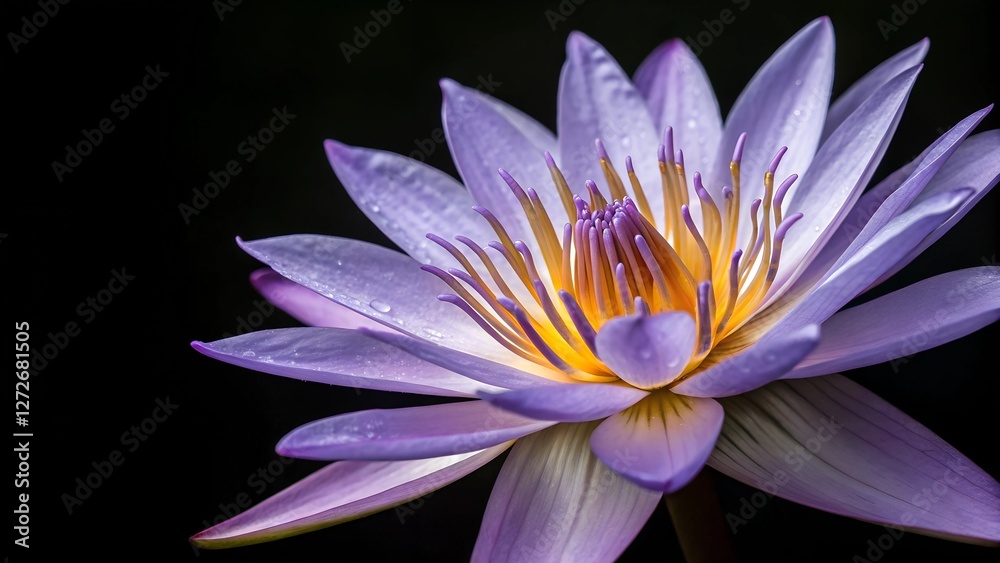 Serene Lotus Bloom: A close-up shot showcasing the elegant beauty of a lotus flower. Its petals, a blend of soft lavender and vibrant yellow, radiate against a dark backdrop. Serene Lotus Bloom: A close-up shot showcasing the elegant beauty of a lotus flower. Its petals, a blend of soft lavender and vibrant yellow, radiate against a dark backdrop.