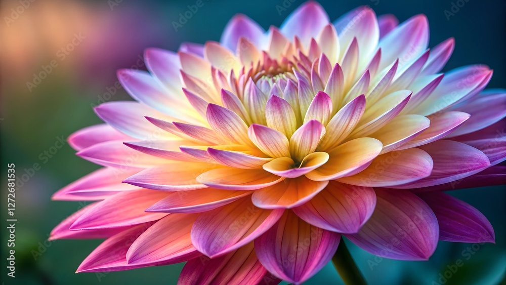 Obraz premium Radiant Dahlia Blossom: A close-up shot reveals the intricate layers and vibrant hues of a dahlia flower, showcasing the delicate beauty and exquisite details of nature's artwork. 