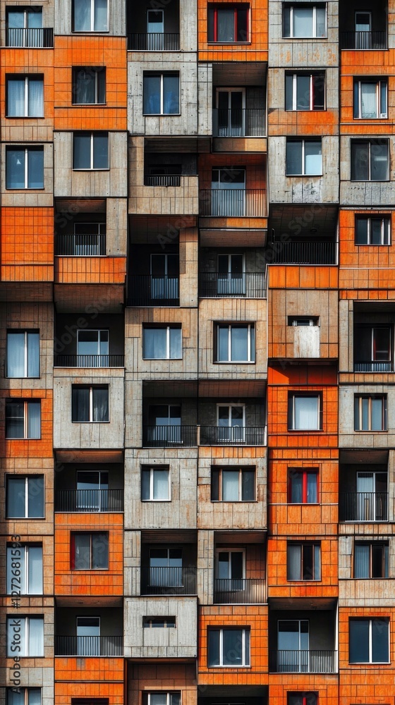 Fototapeta premium A stunning display of modern architecture reveals a vibrant pattern of orange and gray, showcasing an array of windows across a contemporary urban building