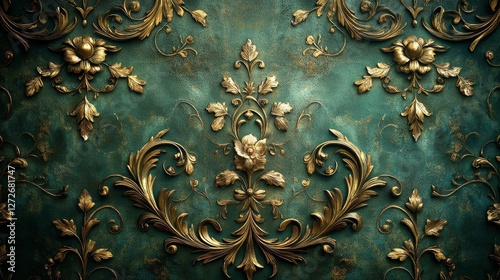 Elegant dark green wallpaper with intricate floral and vine-like ornamental details in vintage baroque style, featuring delicate swirling patterns and soft contrast for a luxurious, sophisticated look