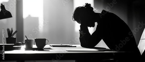 A monochromatic image of a person s shadow leaning over a desk, A silhouette of a person in deep thought, captured in a dimly lit environment, illustrating stress and contemplation. photo