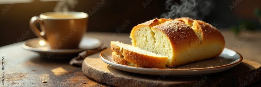 Homemade bread with a side of steaming hot coffee, comfort, beverage Homemade bread with a side of steaming hot coffee, comfort, beverage