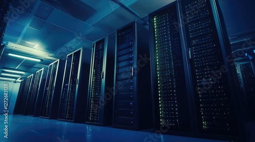 High-tech data center with illuminated server racks, showcasing modern IT infrastructure, cloud computing, and cybersecurity solutions for enterprise and digital storage photo