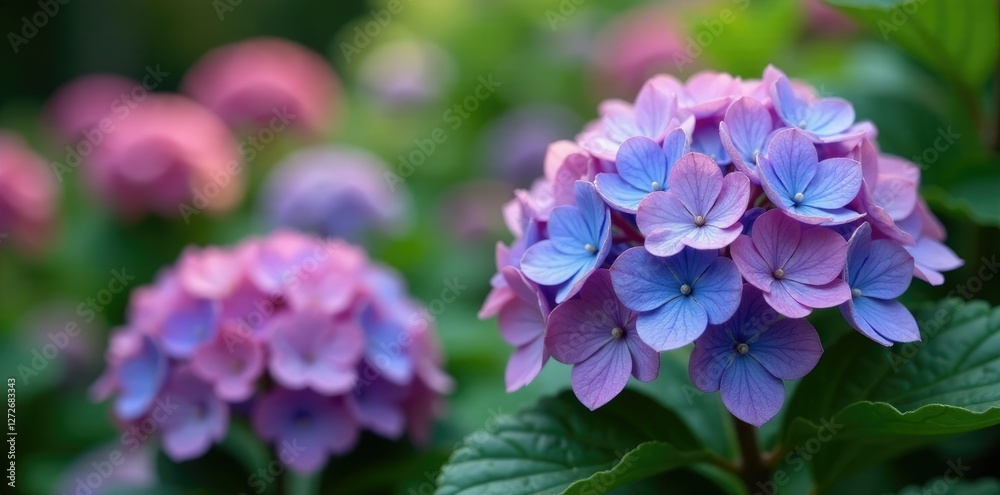 Hydrangea macrophylla Blaumeise in full bloom on the ground, garden, plant, hydrangea Hydrangea macrophylla Blaumeise in full bloom on the ground, garden, plant, hydrangea