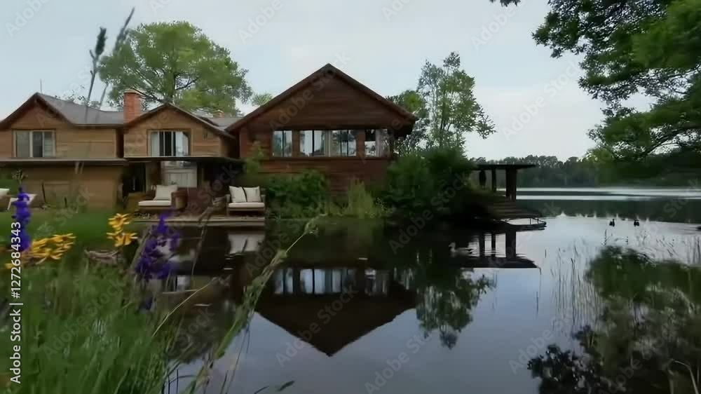 Waterfront wooden cabins reflected in calm lake water, surrounded by lush greenery. Waterfront wooden cabins reflected in calm lake water, surrounded by lush greenery.