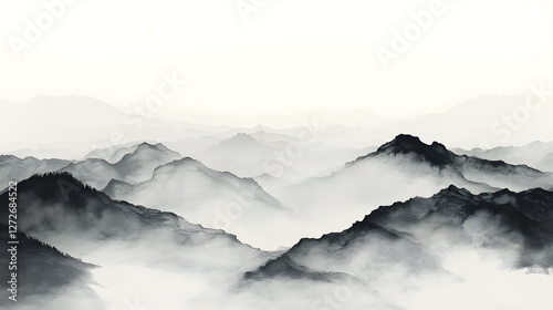 Misty Mountain Landscape in Black and White