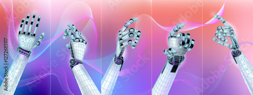 Abstract set of robotic hands with gesture options in virtual space