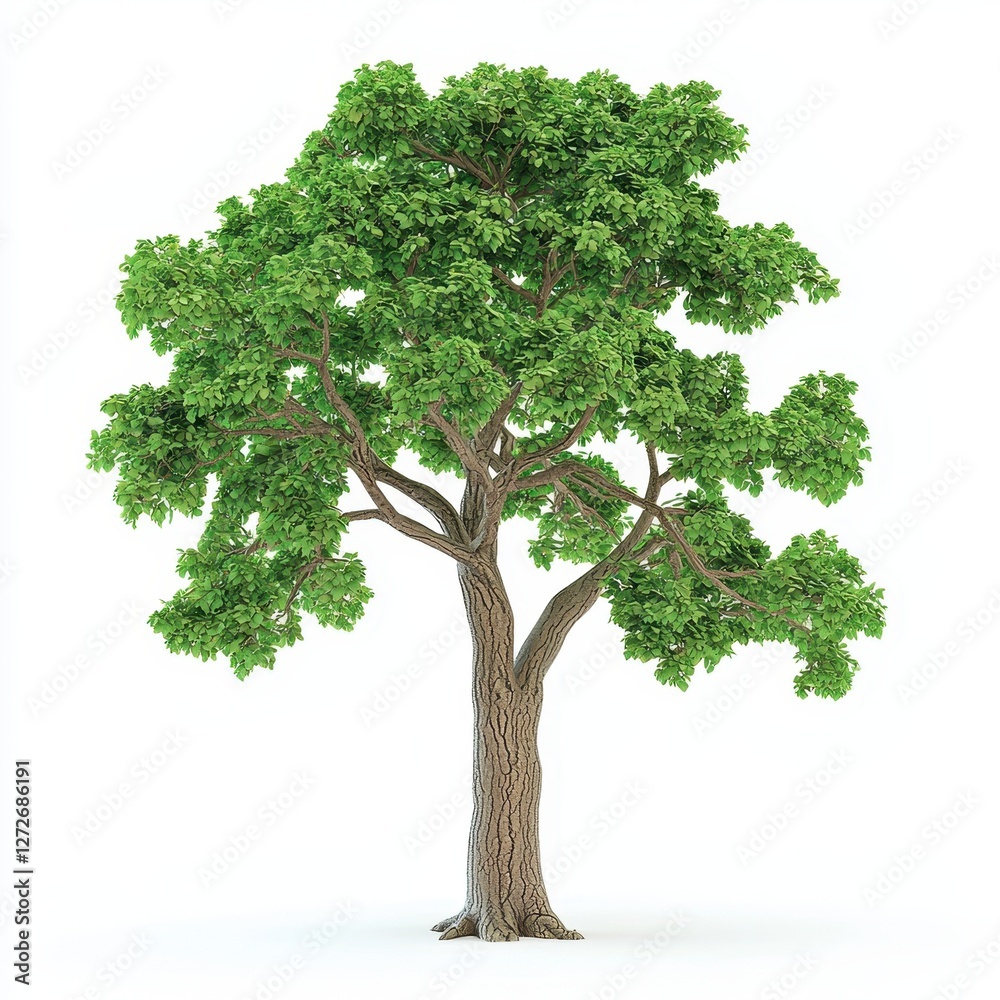 Obraz premium A vibrant green tree with a sturdy trunk and abundant foliage, symbolizing nature, growth, and vitality against a white background.