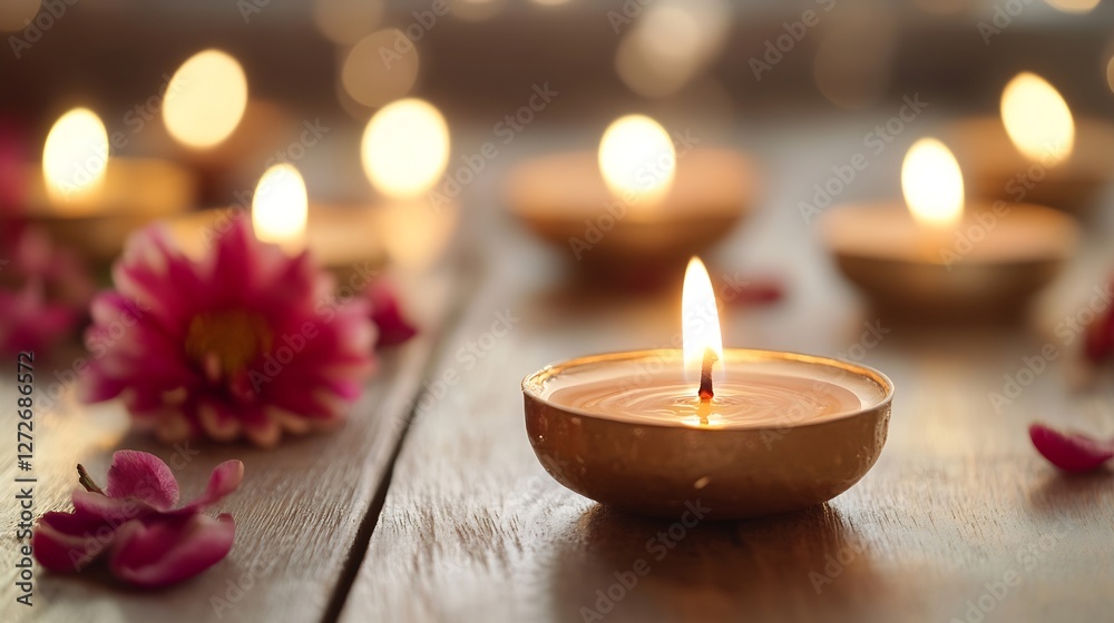 Warmly lit candles surrounded by flowers on a wooden table creating a cozy ambiance : Generative AI Warmly lit candles surrounded by flowers on a wooden table creating a cozy ambiance : Generative AI