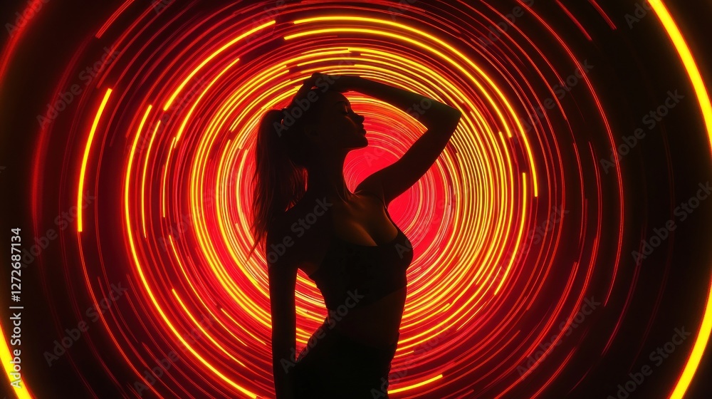 Silhouette of a Woman in a Neon Light Tunnel Silhouette of a Woman in a Neon Light Tunnel