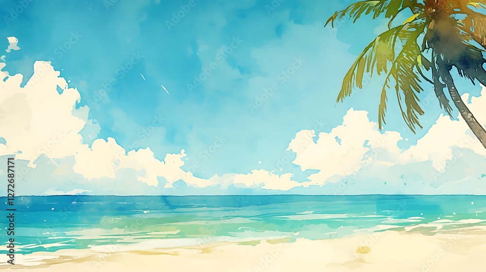 Fototapeta premium tropical sand beach paradise and ocean background, colorful anime style