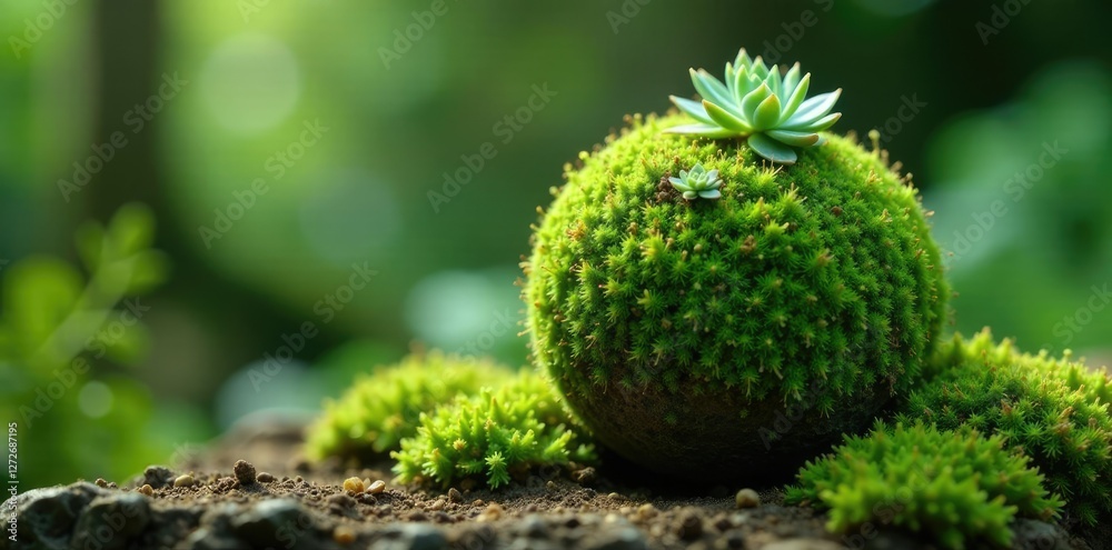 Moss-covered sphere with small succulent leaves and twigs, nature, garden Moss-covered sphere with small succulent leaves and twigs, nature, garden