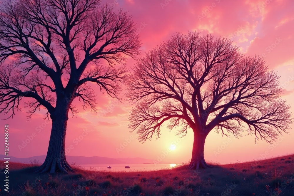 Oak trees against a pink sky with bare branches in autumn, bare branch, oak tree, season Oak trees against a pink sky with bare branches in autumn, bare branch, oak tree, season