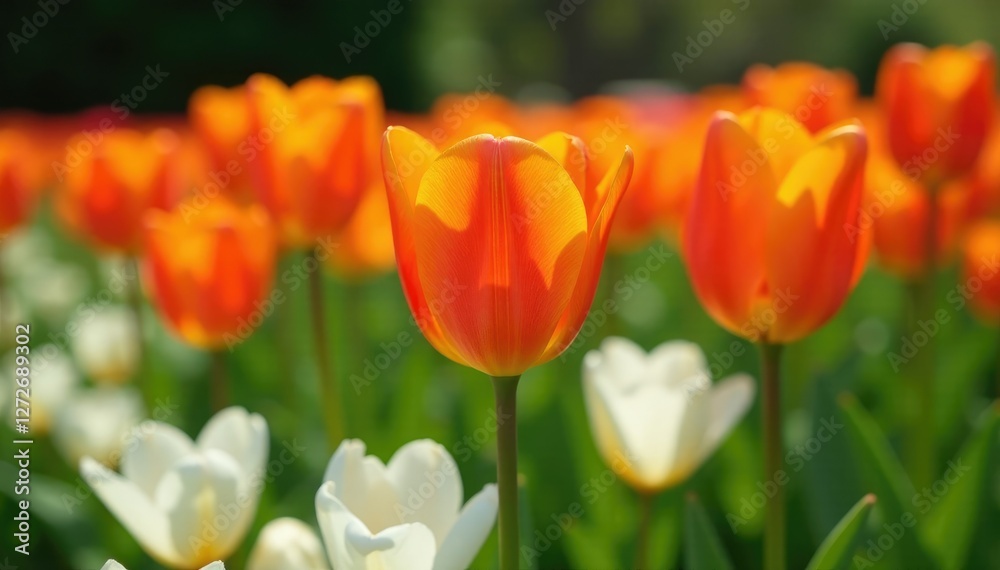 Orange tulip blooms in a bed of white flowers, spring, nature Orange tulip blooms in a bed of white flowers, spring, nature