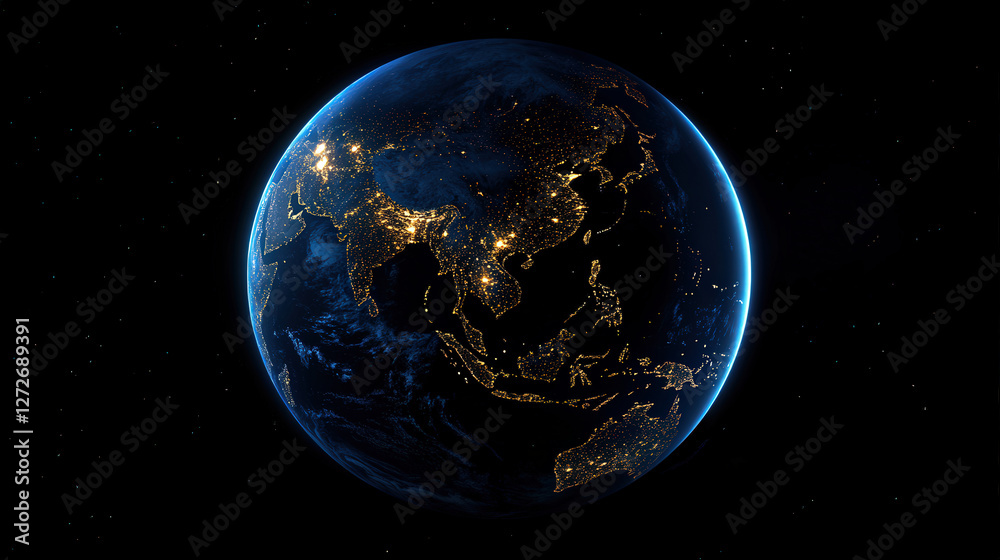 Obraz premium Night planet earth Asian countries with light lines of communication and connection. Business and finance, concept. Global communications system and the World Wide Web. Technologies and communication.