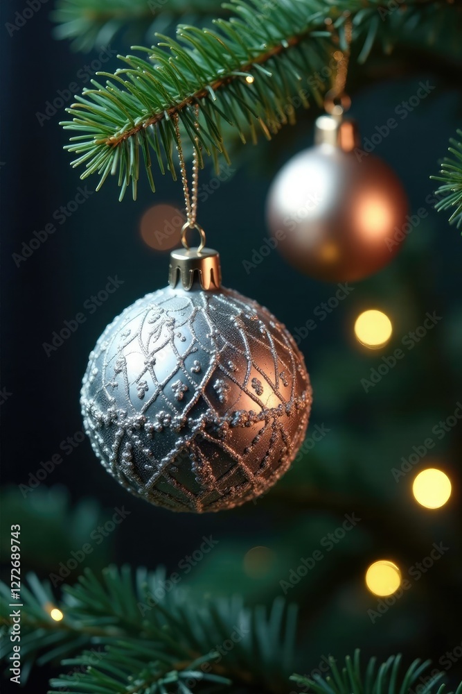 Ornate silver tree ornaments hanging from the branches, sparkling lights, glittering Ornate silver tree ornaments hanging from the branches, sparkling lights, glittering
