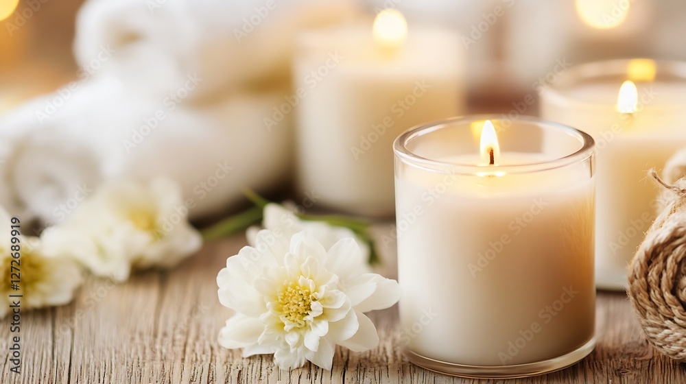 Luxurious set of candle jars with flowers and towels creating a tranquil spa atmosphere at home : Generative AI Luxurious set of candle jars with flowers and towels creating a tranquil spa atmosphere at home : Generative AI