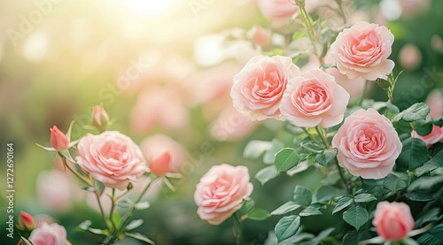 Beautiful pink roses blooming in a garden at sunrise