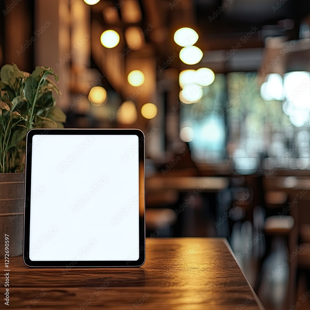 Blank tablet on wooden table in cafe, blurred restaurant background Blank tablet on wooden table in cafe, blurred restaurant background