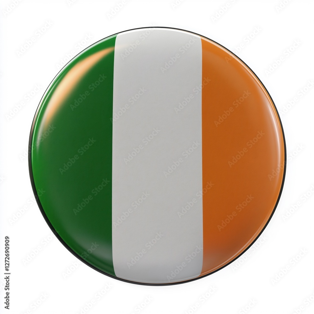 3D rendering a round button or badge with the flag of Ireland on it. The flag is made up of three horizontal stripes of green, white, and orange 3D rendering a round button or badge with the flag of Ireland on it. The flag is made up of three horizontal stripes of green, white, and orange