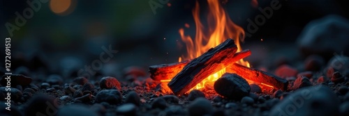 Softly glowing embers illuminate wooden crackling in darkness, dark, crackle