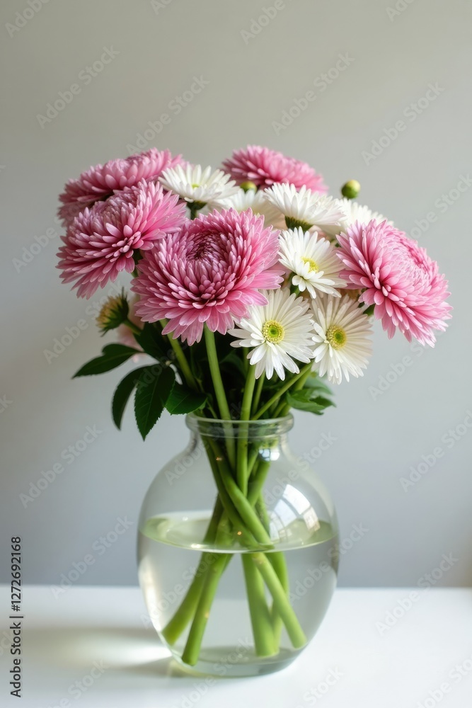 Pink and white strawflower Helichrysum blooms in a large glass vase, bouquet, flower, decor Pink and white strawflower Helichrysum blooms in a large glass vase, bouquet, flower, decor