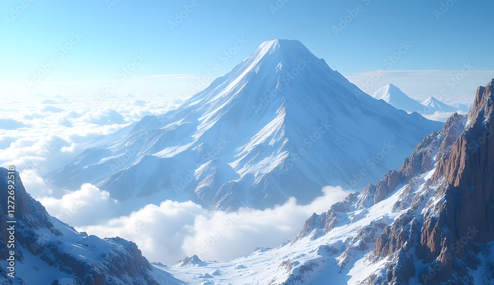 Snow-Capped Volcano Under a Clear Blue Sky: A magnificent panoramic view of a towering snow-capped volcano under a crystal-clear blue sky, with icy slopes glistening in the sunlight. Snow-Capped Volcano Under a Clear Blue Sky: A magnificent panoramic view of a towering snow-capped volcano under a crystal-clear blue sky, with icy slopes glistening in the sunlight.