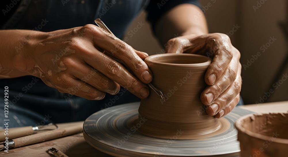 Woman crafting pottery on wheel. Hands shaping clay into bowl. Ceramic art creation process. Artisan workshop scene. Handmade pottery making technique. Woman crafting pottery on wheel. Hands shaping clay into bowl. Ceramic art creation process. Artisan workshop scene. Handmade pottery making technique.