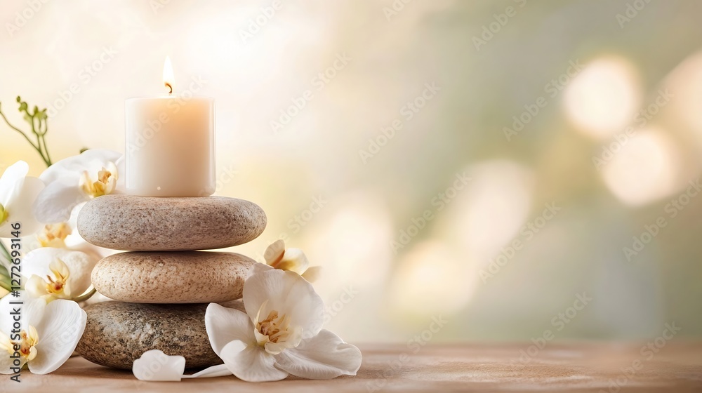 Tranquil composition of stacked stones with a lit candle and delicate flowers for relaxation : Generative AI Tranquil composition of stacked stones with a lit candle and delicate flowers for relaxation : Generative AI