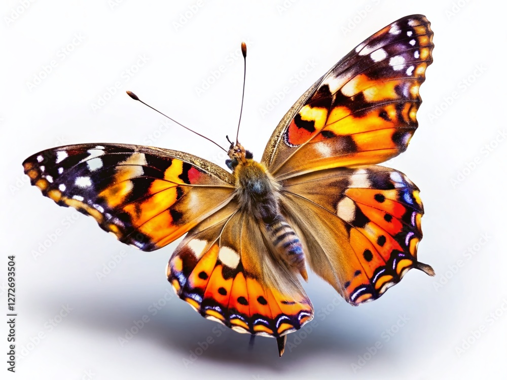 Obraz premium Vibrant Painted Lady Butterfly in Flight, Low Light Photography, White Background