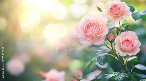 Delicate Pink Roses Bloom in Sunny Garden