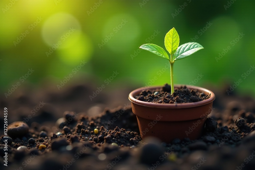 Naklejka premium Seedling in a small pot with a droplet of water on the soil surface, garden, growing, plants