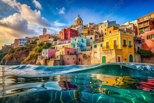 Vibrant Procida Island Double Exposure: Colorful Houses & Azure Sea