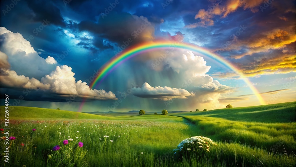 Naklejka premium Vibrant Rainbow Arcing Over Lush Green Field After Summer Rain