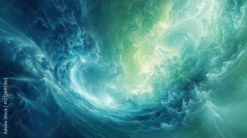 Obraz premium Abstract blue and bright green background with dreamlike perspectives, symbolizing space and global imagery in a vibrant cosmic design, blending fluid colors and futuristic themes.