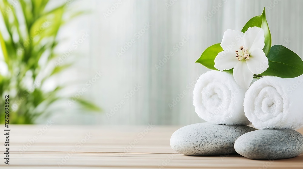 Luxurious spa setting with rolled towels stones and fresh flower for relaxation : Generative AI
