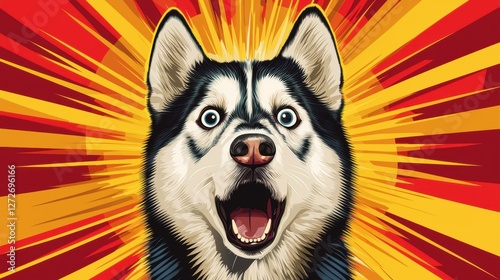 pop art retro style of Excited husky with vibrant background