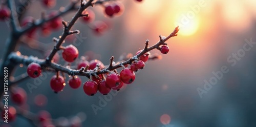 Red berries cling to bare tree branches in the misty dawn, red berries, icy branches
