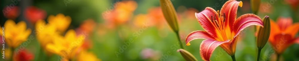 Red lily flowers bloom amidst a tapestry of colorful summer blooms, yellow, red lily, garden Red lily flowers bloom amidst a tapestry of colorful summer blooms, yellow, red lily, garden