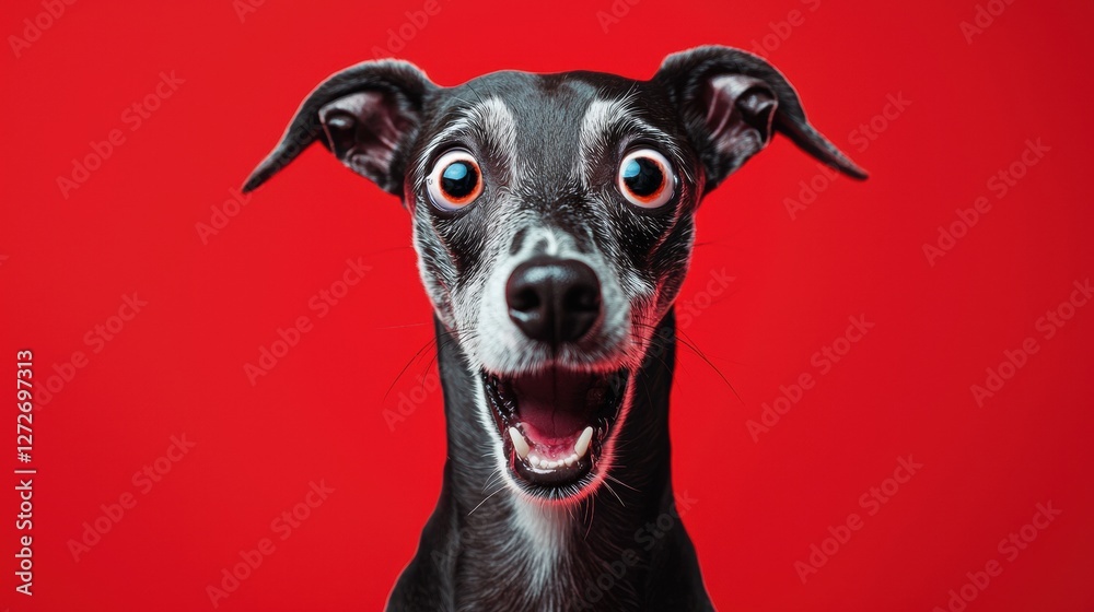 Happy dog with surprised expression on red background Happy dog with surprised expression on red background