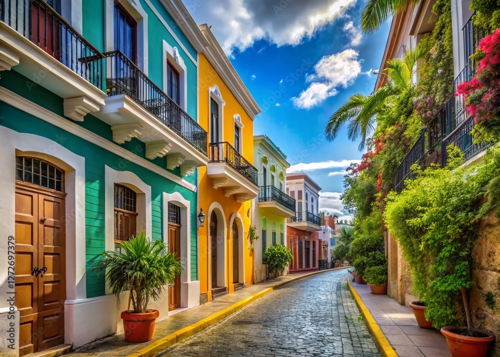 Fototapeta premium Vibrant San Juan Street Scene: Colorful Buildings & Lush Tropical Foliage