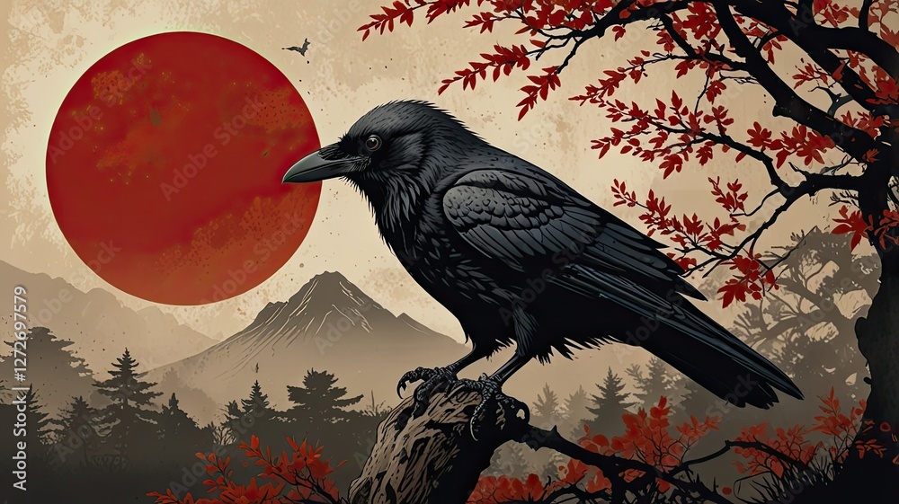 Fototapeta premium A striking raven stands on a sturdy branch its black feathers contrasting against vibrant autumn leaves and a bold red sun illuminating a distant mountain