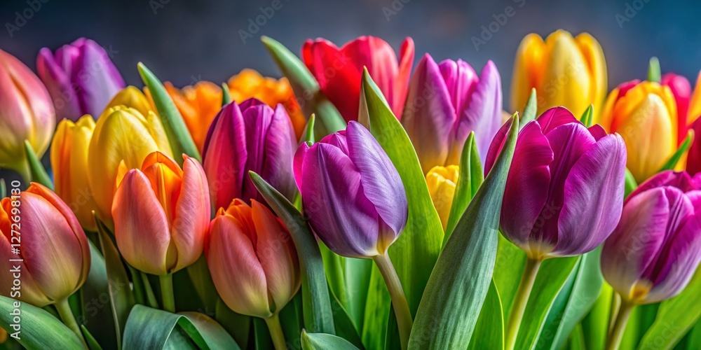 Fototapeta premium Vibrant Spring Tulips: Close-up Product Photography of Colorful Blooms