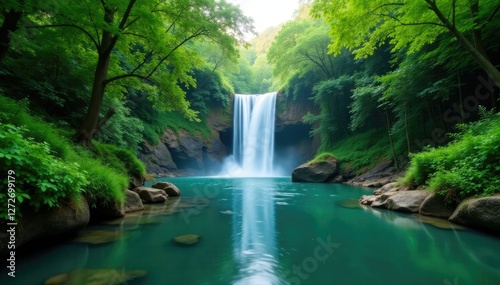 River with lush greenery and a waterfall backdrop, waterfall, lush, natural