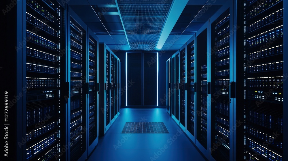 Fototapeta premium A futuristic datacenter with glowing server racks and a dark high-tech atmosphere, symbolizing security and advanced computing. Ideal for cloud computing, cybersecurity, and IT infrastructure