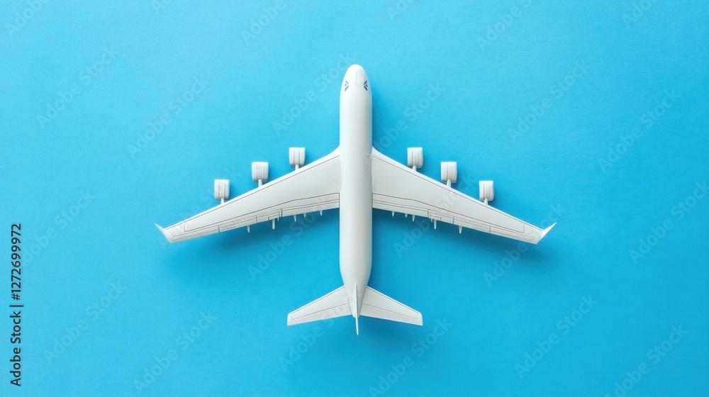 Aerial view of a white airplane model on a blue background. Aerial view of a white airplane model on a blue background.