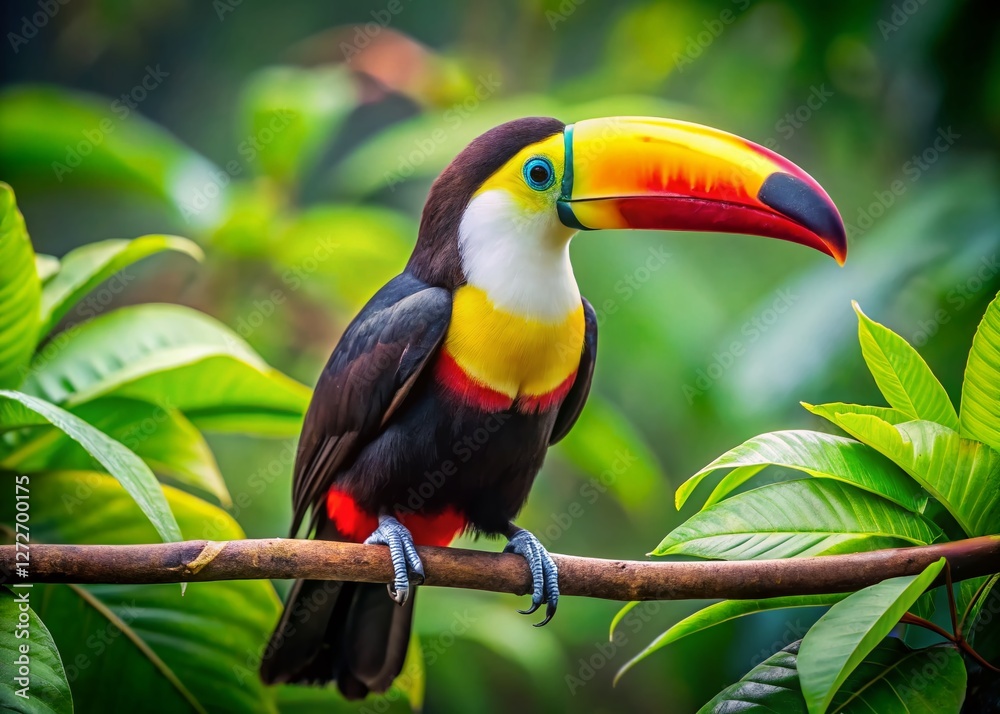 Vibrant Toucan with Yellow Beak Perched on Branch - Tropical Bird Stock Photo Vibrant Toucan with Yellow Beak Perched on Branch - Tropical Bird Stock Photo
