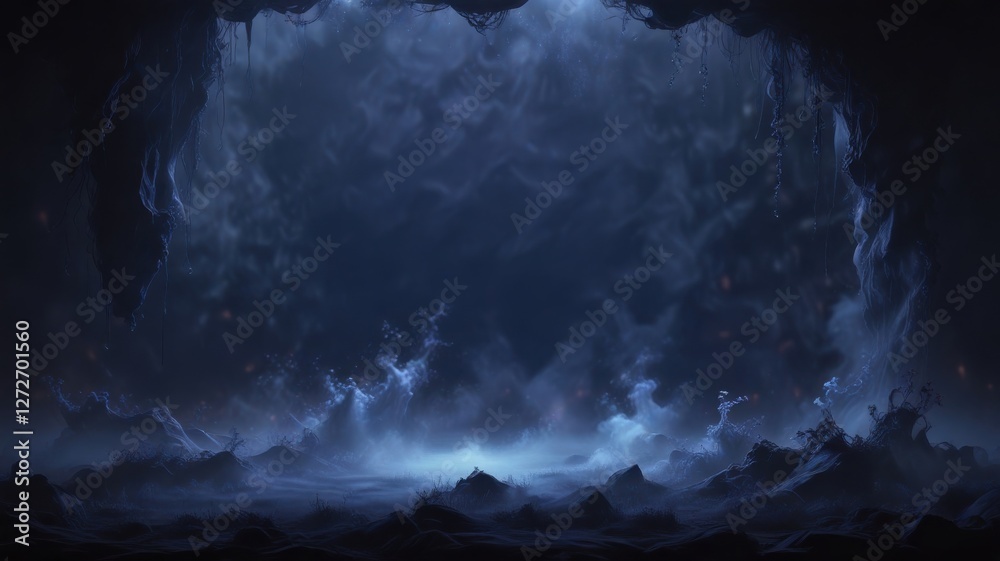 Obraz premium Mysterious Cave Entrance at Night A Fantasy Landscape with Ethereal Fog and Glowing Embers