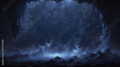 Mysterious Cave Entrance at Night A Fantasy Landscape with Ethereal Fog and Glowing Embers