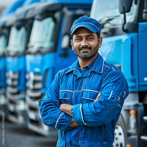Wallpaper Mural Confident Indian Male Truck Driver in Blue Uniform Standing Proudly Beside a Fleet of Heavy Trucks  focus, Torontodigital.ca